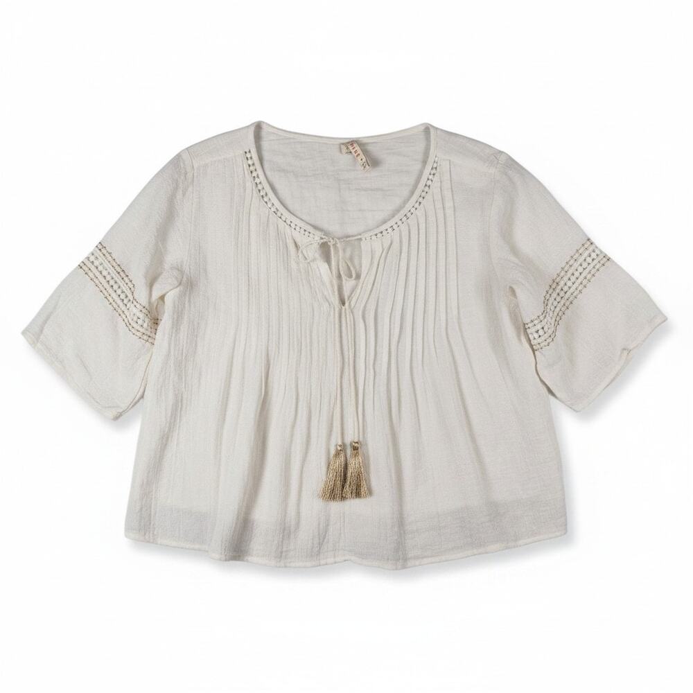 Raga Boho Embroidered Tassel Peasant Blouse Top M White Metallic Gold Cottage